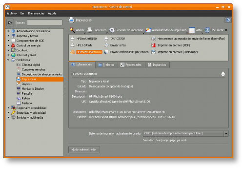 Panel de Control de Impresión KCONTROL en KDE GNU/Linux