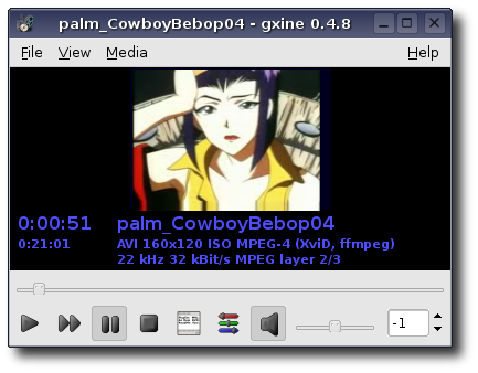 Captura de pantalla del programa gxine reproduciendo un video codificado para Palm con avi2palm.