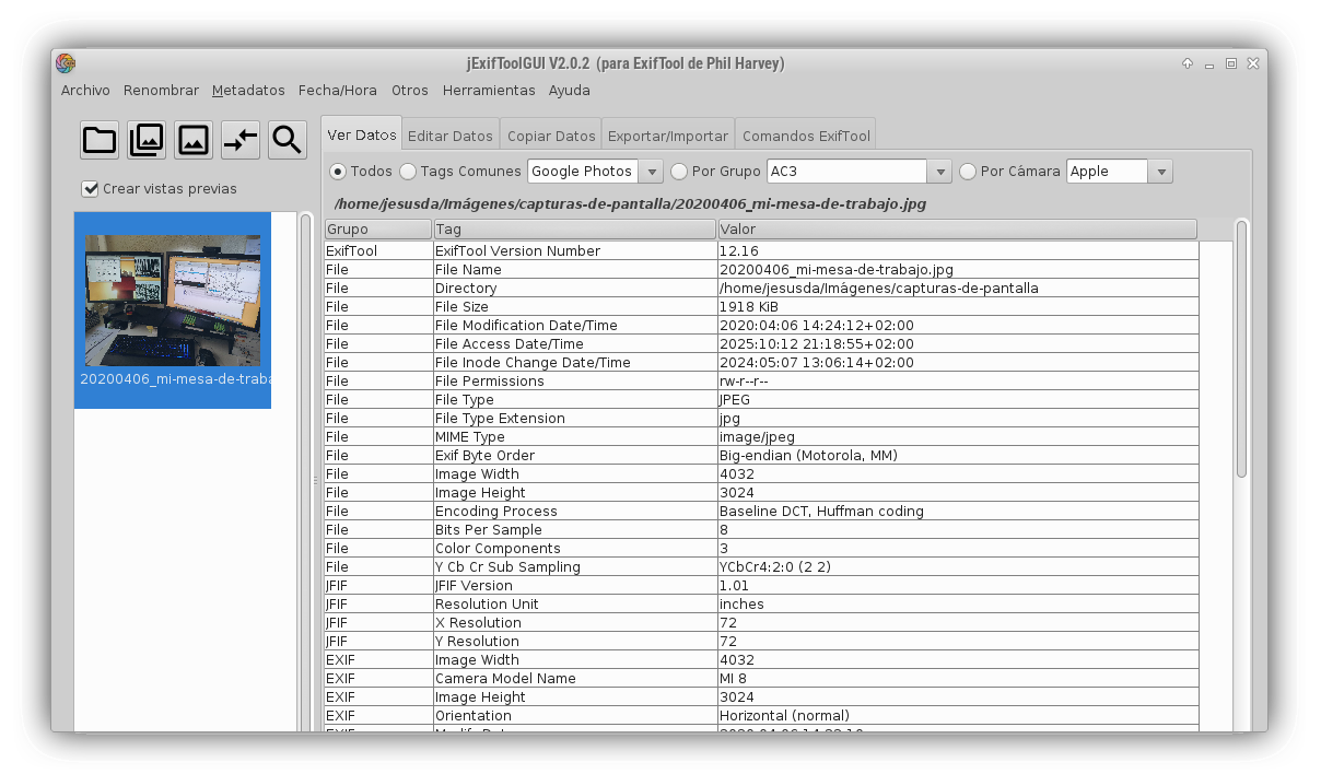 Ventana de edición de metadatos