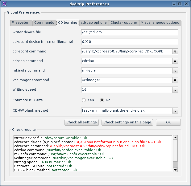 Pestaa de configuracin de comandos de Grabacin de DVD::RIP