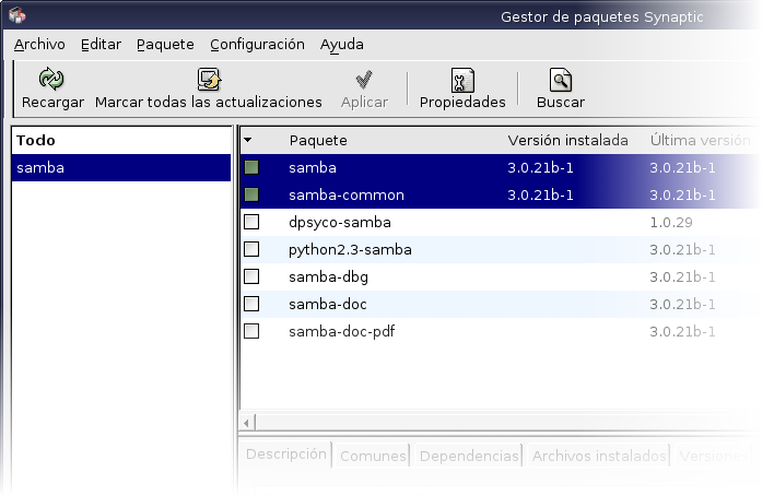 Instalacin de samba y samba-common con Synaptic