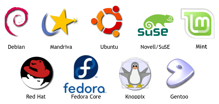 Debian, Mandriva, Ubuntu, SuSE, Linspire, Red Hat, Knoppix, Gentoo y Fedora