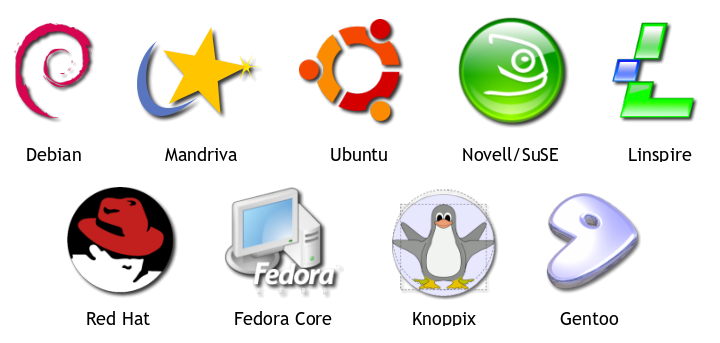 Debian, Mandriva, Ubuntu, SuSE, Linspire, Red Hat, Knoppix, Gentoo y Fedora