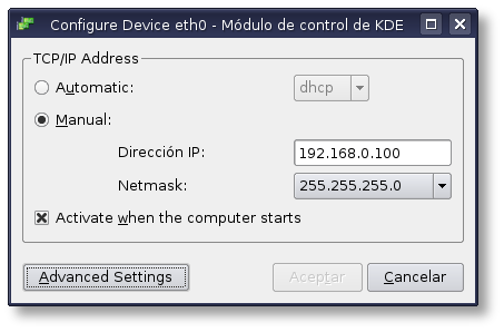 Diálogo de configuración de red de KDE 3